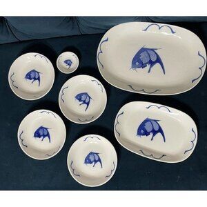 Vintage 7 Piece Blue White Koi‎ Fish Misty Rose Dish Set platter plate.